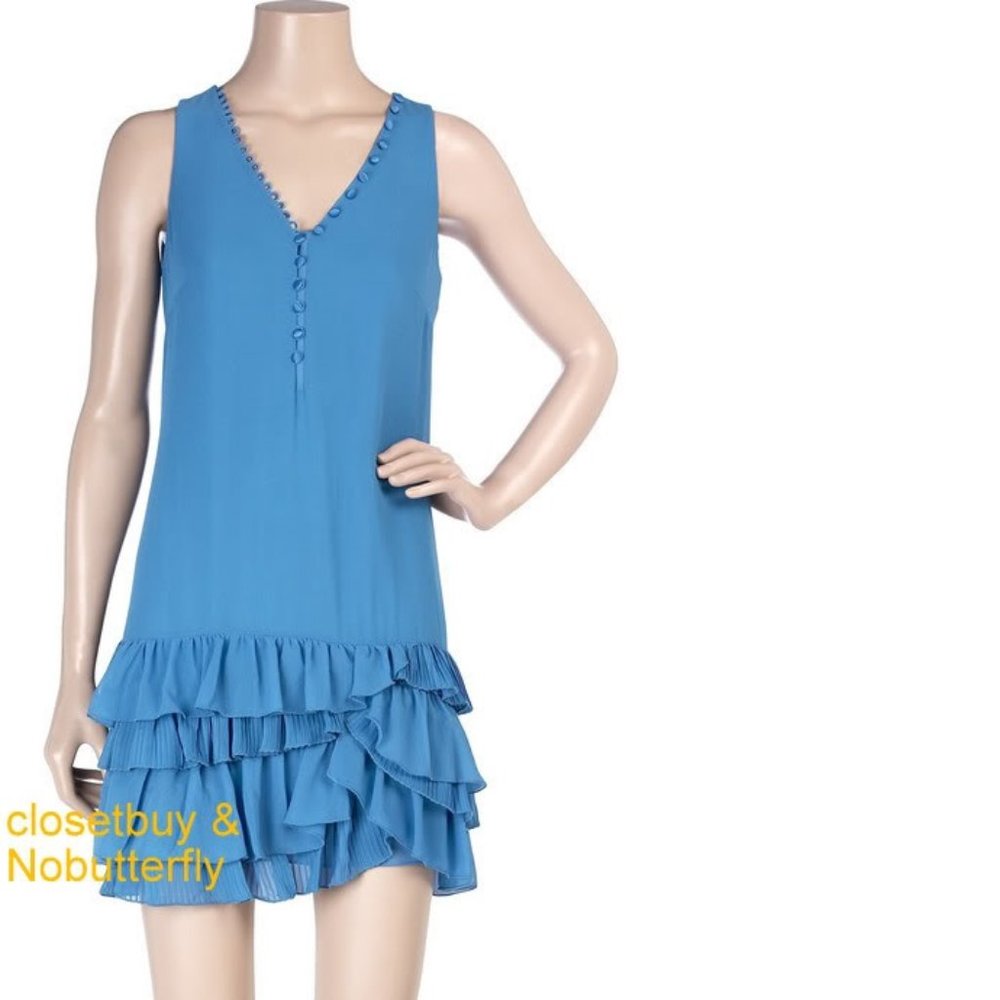 EUC MINT Jodi Arnold Blue Silk Flapper Ruffle Hem Sleeveless Shift Mini Dress 6